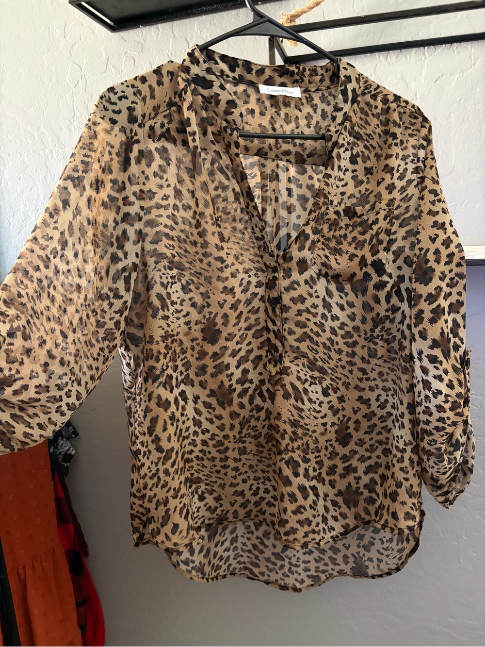 Calvin Klein Leopard Print Sheer V-Neck Blouse in Tan and Black
